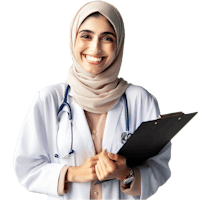 a muslim female doctor holding a clipboard